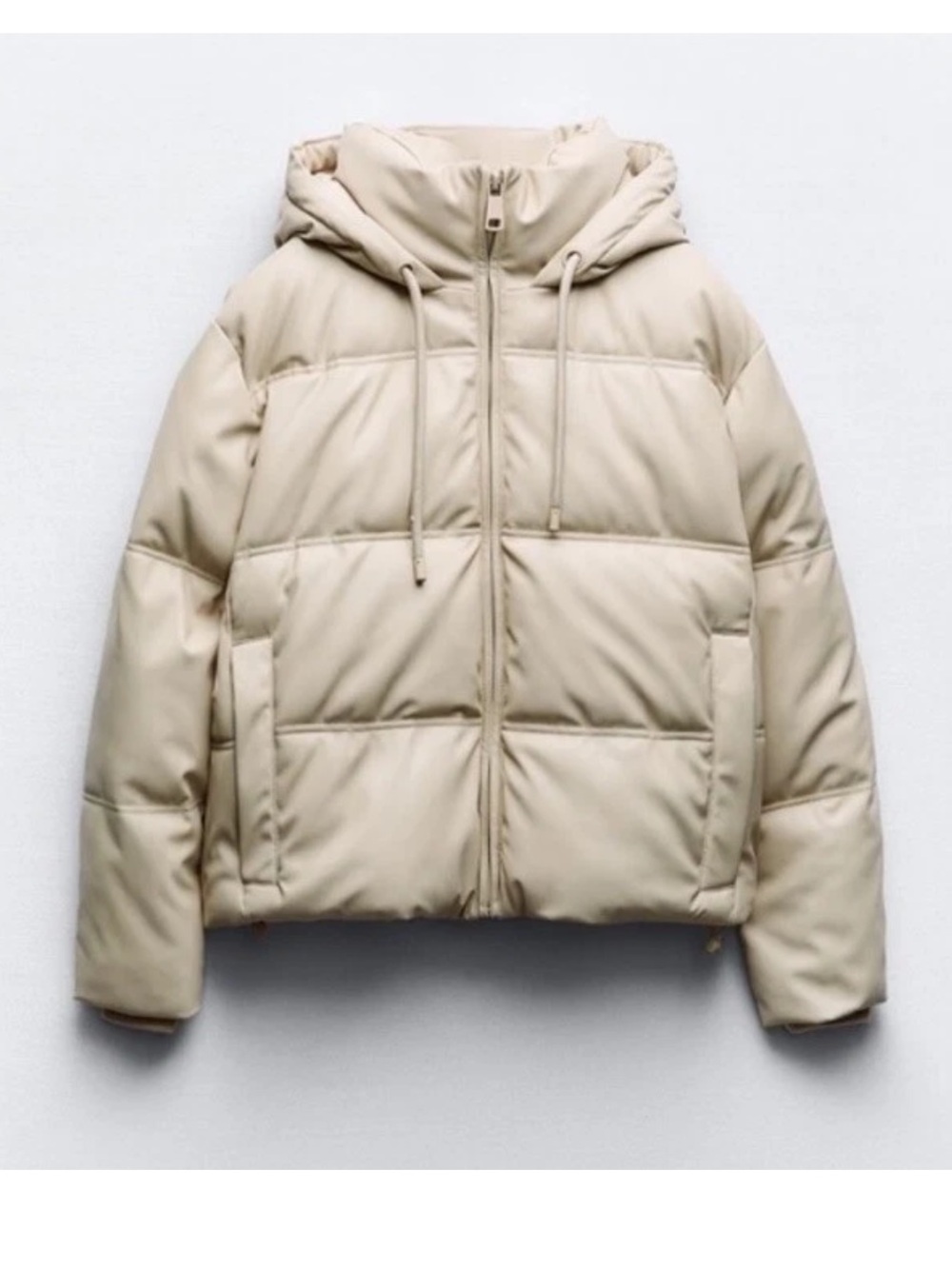 Zara Faux Leather Hooded Short Puffer Jacket  Sz S Beige Hand Warmer Pockets